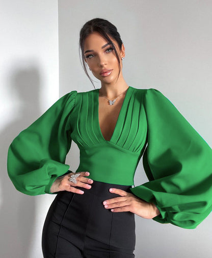 Niche Lantern Sleeves Versatile V-Neck Slim Crop Tops Wholesale Women'S Tops