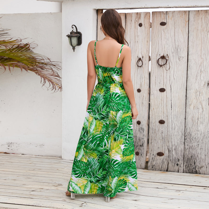 Hawaii Palma Printed Sexy V-Neck High Waist Sling Dress Wholesale Maxi Dresses
