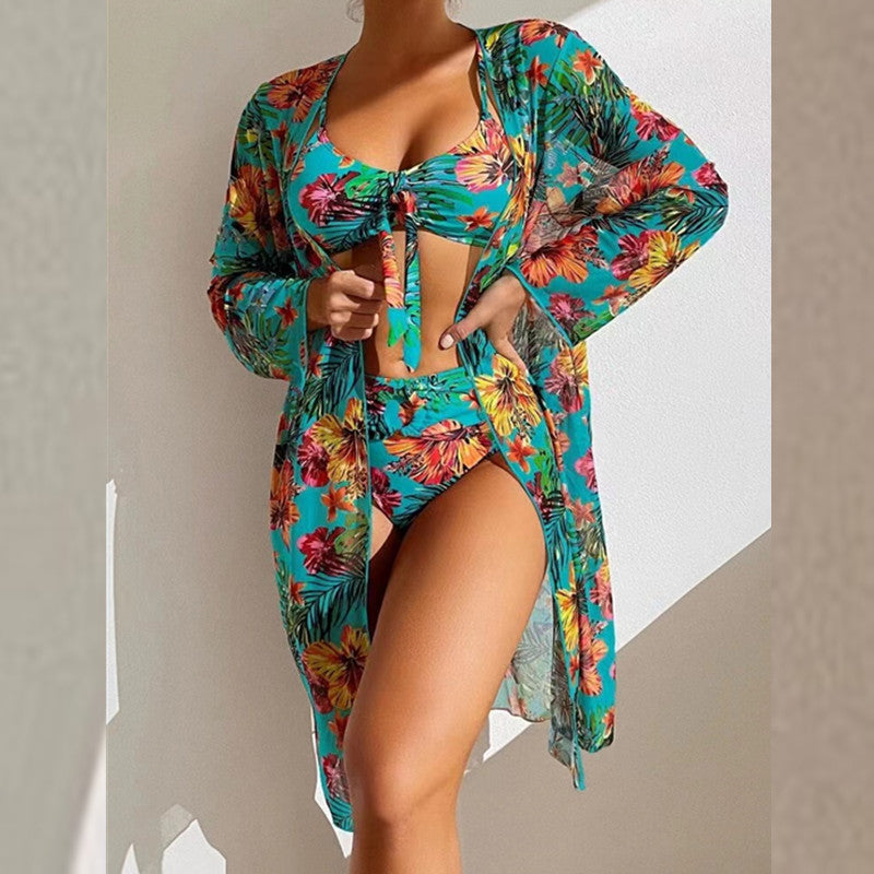 Long-Sleeved Cover-Up Bikini Print Three-Piece Swimsuit Wholesale Women'S Clothing