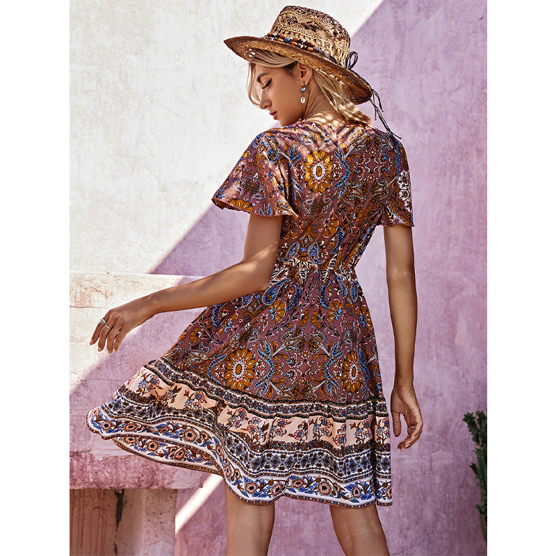 V-Neck Short Sleeve Boho Printed Swing Bohemian Dress Wholesale Dresses