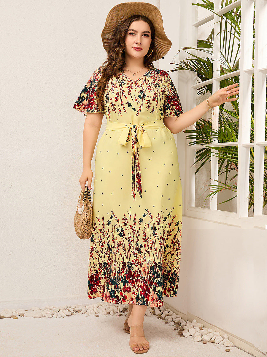 Wholesale Women'S Plus Size Clothing Contrast Print V-Neck Large Swing Temperament Dress