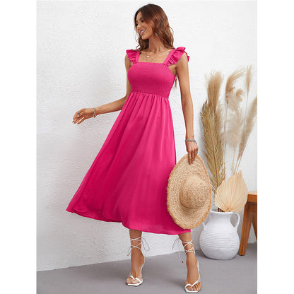 Ruffled Sling High Waist Slim Swing A-Line Dress Wholesale Dresses