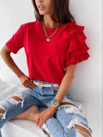 Fashion Ruffles Short Sleeve Round Neck T-Shirt Wholesale Womens Tops