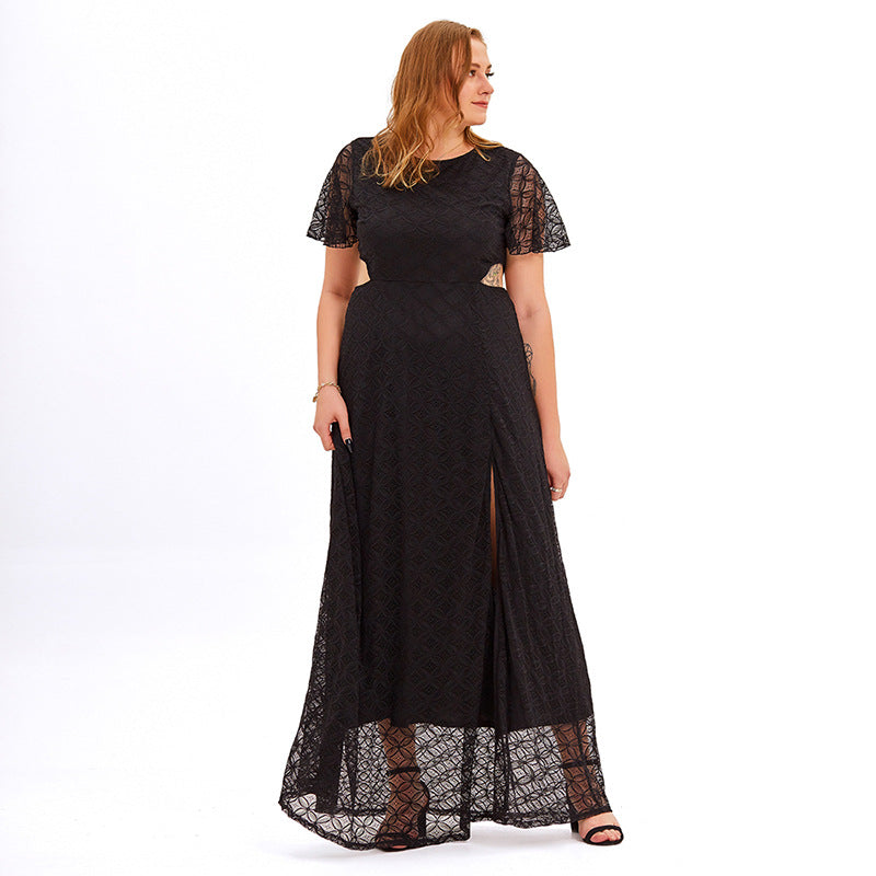 Sexy Cutout Lace Slit Maxi Dress Solid Color Short Sleeve Dresses Wholesale Plus Size Clothing