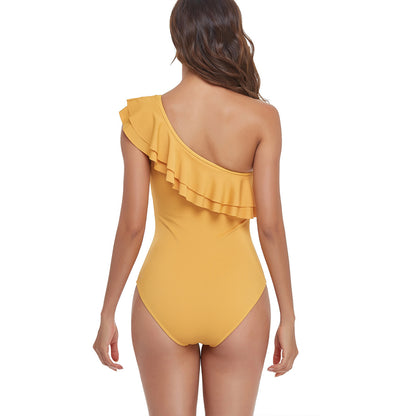 Solid Color One-Shoulder Ruffled One-Piece Swimsuit Wholesale Women'S Clothing