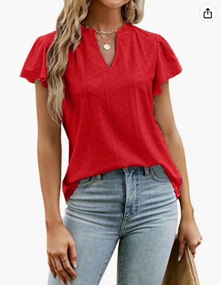 Casual Solid Color V-Neck Short Sleeve Jacquard T-Shirt Wholesale Womens Tops