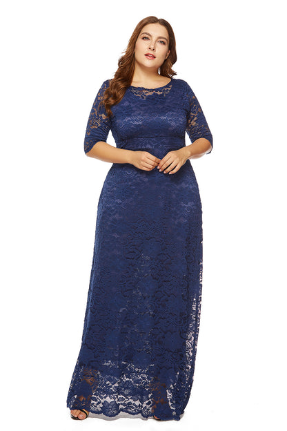 Sexy Hollow Lace Maxi Dress With Pockets Solid Color Long Sleeve Wholesale Plus Size Clothing