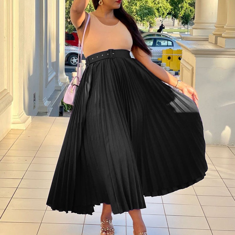 High-Waisted Large Hemline Mid-Length Pressed Pleated Draped Half-Body Skirt With Belt Wholesale Skirts