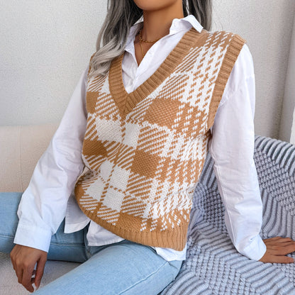 Fashion Casual Contrast Check V-Neck Sweater Vest Wholesale Women Clothing