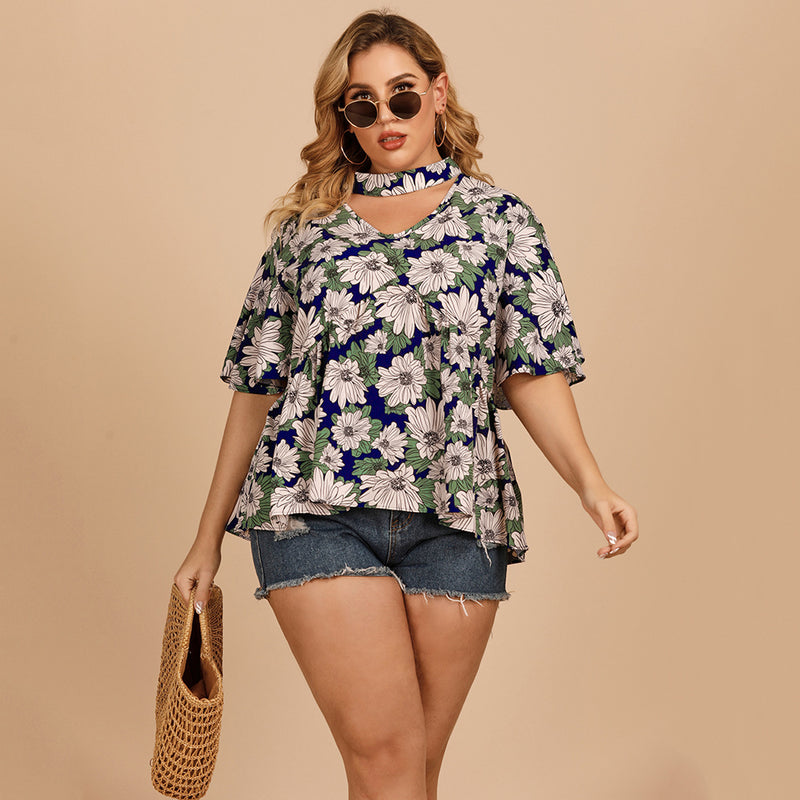 Sexy Halterneck Cutout Floral Shirt Lotus Short Sleeve Wholesale Plus Size Clothing