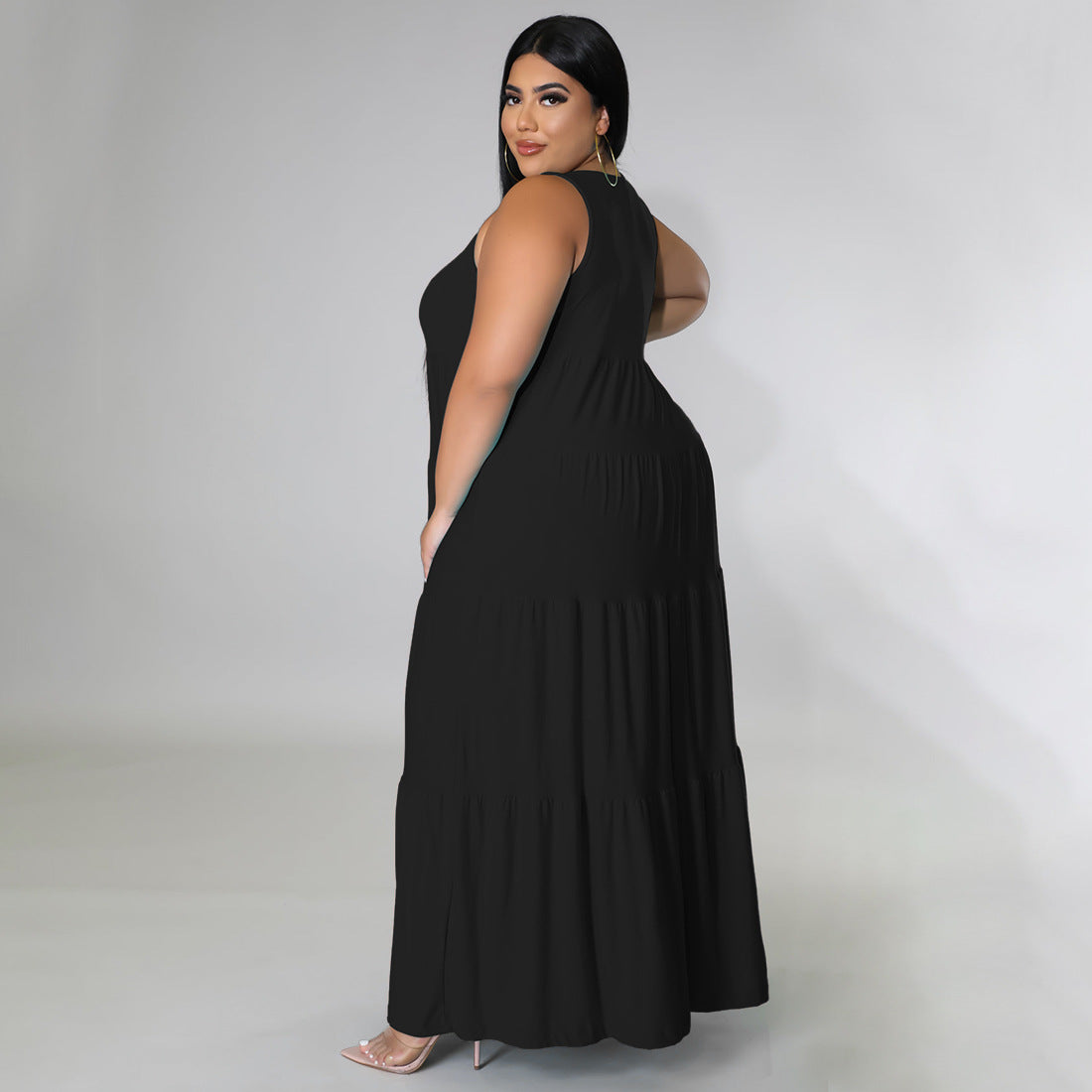 Sleeveless O Neck Smocked Curvy Maxi Dresses Wholesale Plus Size Clothing