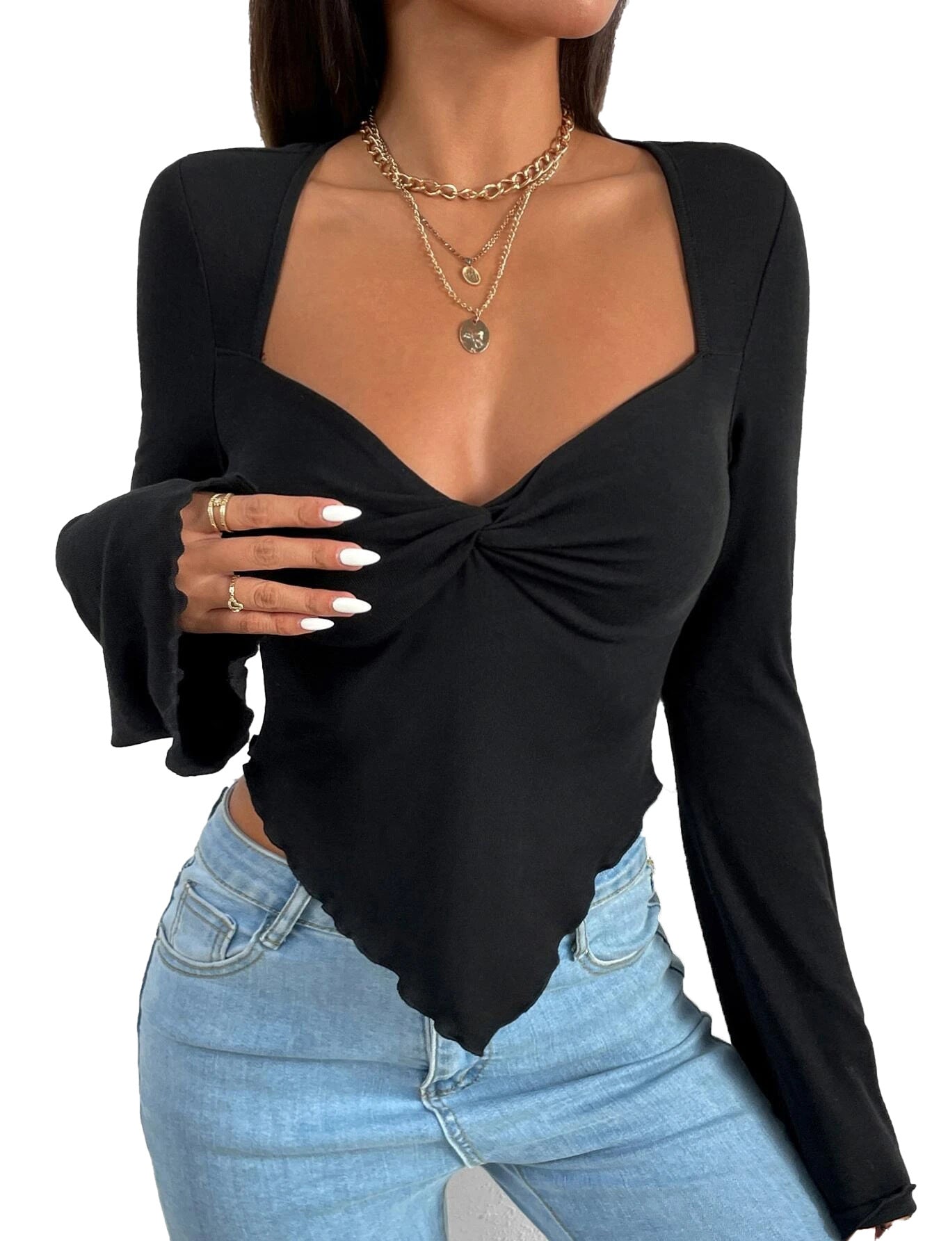 Sexy V-Neck Tops Flared Sleeve Irregular Wholesale Womens Long Sleeve T Shirts