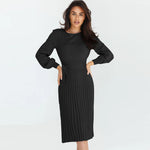 Long Sleeve Slim Fit Midi Pleated Knit Dress Wholesale Jersey Dresses