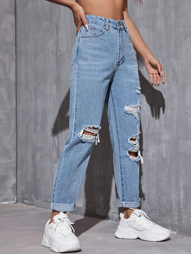 Fashion Personality Ripped Denim Straight-Legged Pants Wholesale Jeans