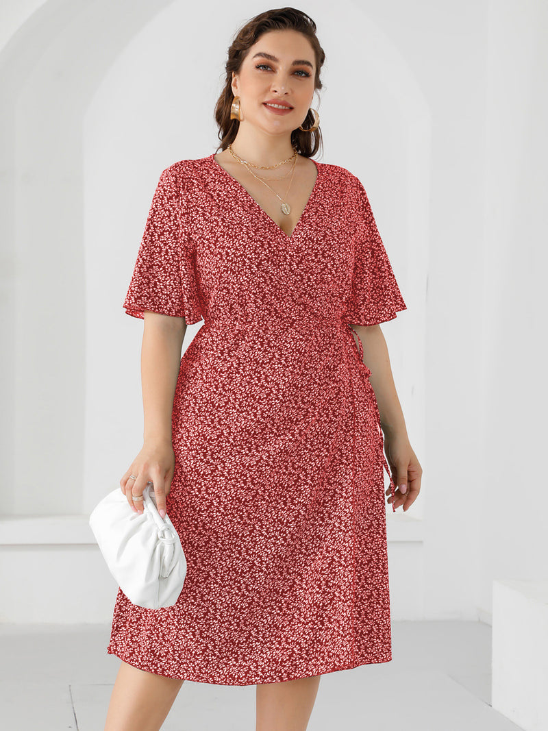 Wholesale Women'S Plus Size Clothing Fresh Tie Bell Sleeve Print Wrap Commuter Dress