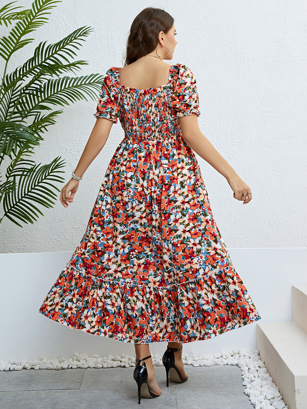 Wholesale Women'S Plus Size Clothing Pleated Floral Off-Shoulder Puff Sleeve Dress