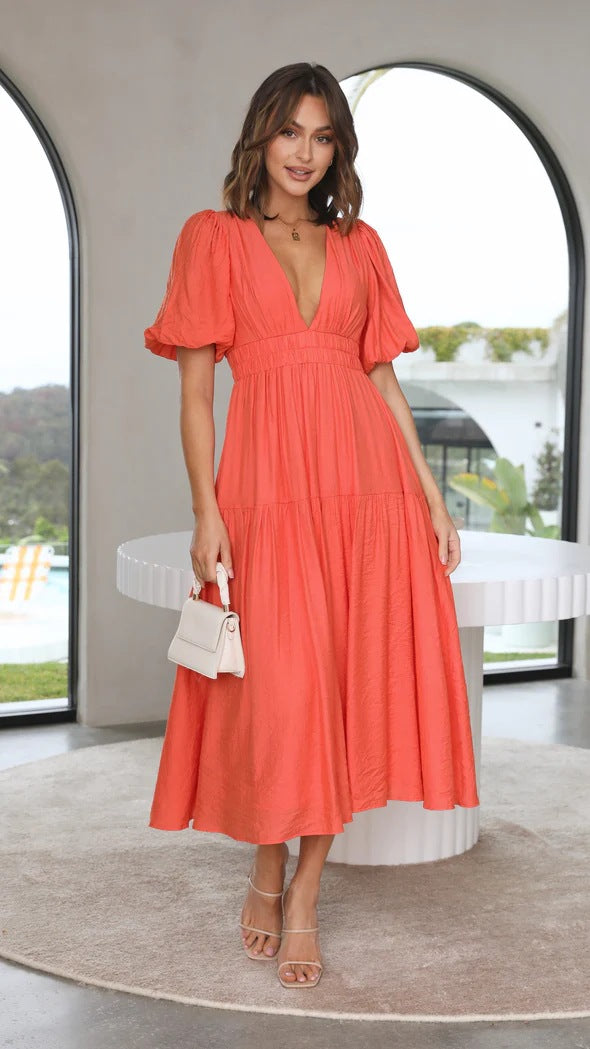 Solid Color Sexy Deep V-Neck Puff Sleeve Mid-Length Fashion Dress Wholesale Dresses