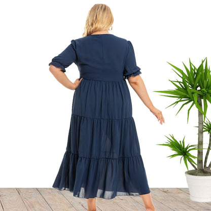 Round Neck Curvy Smocked Loose Dresses Wholesale Plus Size Clothing