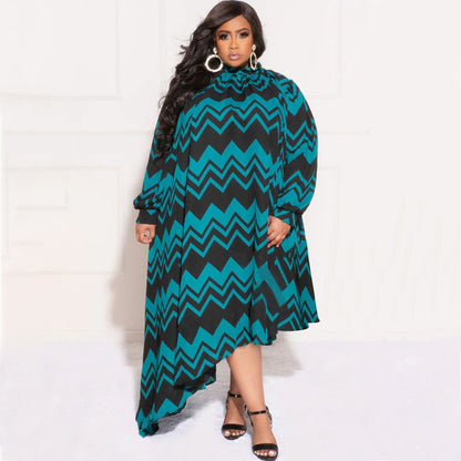 Long Sleeve Printed Irregular Curvy Maxi Dresses Wholesale Plus Size Clothing