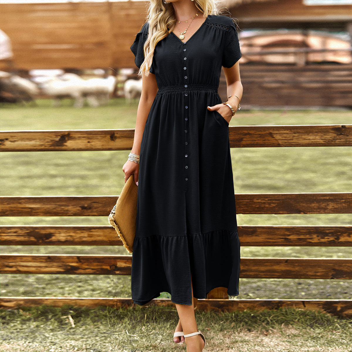 Slit Hollow Simple Short-Sleeved V-Neck Solid Color Dress Wholesale Dresses