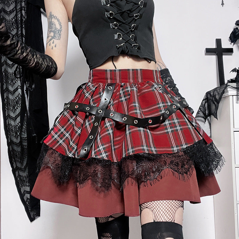 Dark High Waist Plaid Contrasting Color Eyelet Lace Skirt Wholesale Women'S Bottoms