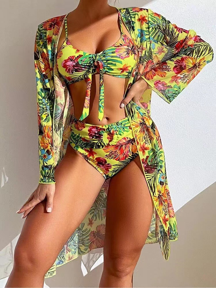 Long-Sleeved Cover-Up Bikini Print Three-Piece Swimsuit Wholesale Women'S Clothing