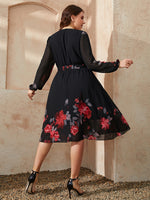 Rose Print Long Sleeve Swing Curve Dresses Wholesale Plus Size Clothing