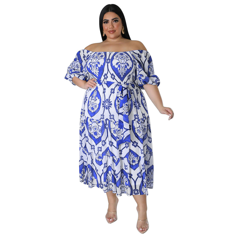 Printed Short Sleeve Lace-Up Smocked Curvy Dresses Wholesale Plus Size Clothing