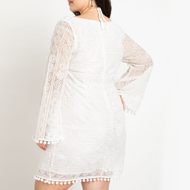 Sexy U-Neck Lace Mini Dress Long Sleeve Loose Dresses Wholesale Plus Size Clothing