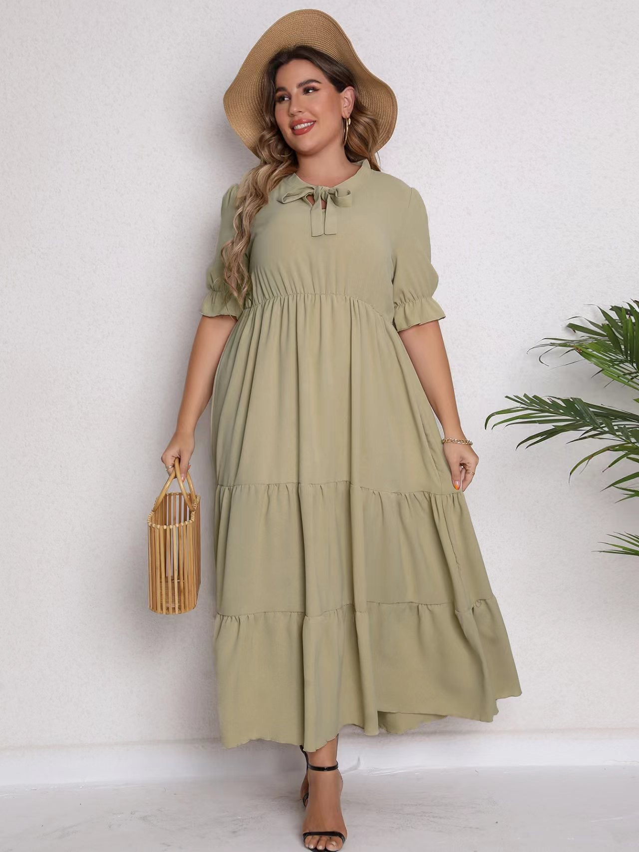 Wholesale Women'S Plus Size Clothing Round Neck Tie Short Sleeve Slim Solid Color Dress