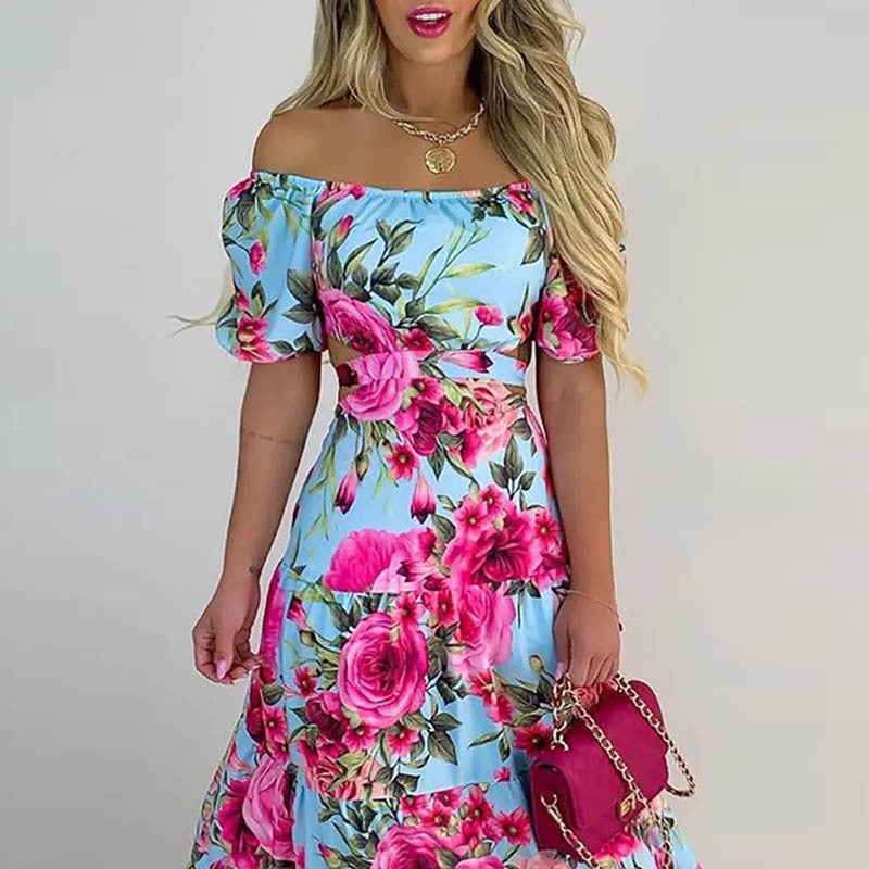 Puff Sleeve Printed One Shoulder Cutout Swing Dress Wholesale Dresses