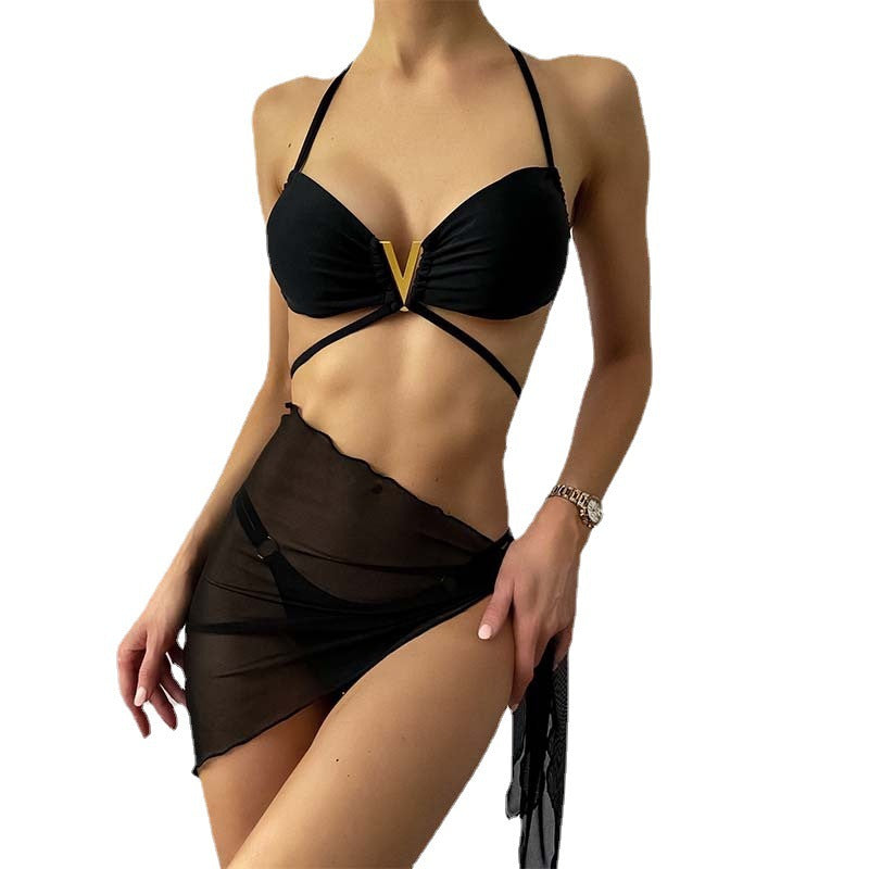 Halter Neck Bikini Skirt Solid Color Three Piece Set Wholesale Women'S Clothing