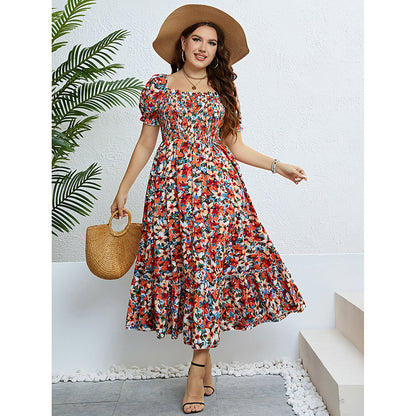 Wholesale Women'S Plus Size Clothing Pleated Floral Off-Shoulder Puff Sleeve Dress