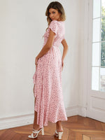 Floral Print V-Neck Short Sleeve Ruffled Long Wrap Dress Wholesale Dresses