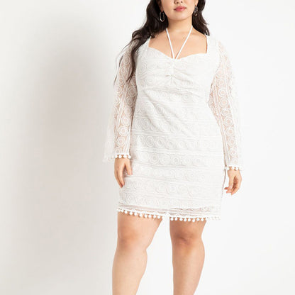 Sexy U-Neck Lace Mini Dress Long Sleeve Loose Dresses Wholesale Plus Size Clothing