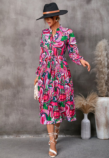 Printed Long Sleeve Tie-Up Midi Swing Shirtdress Wholesale Shirt Dresses