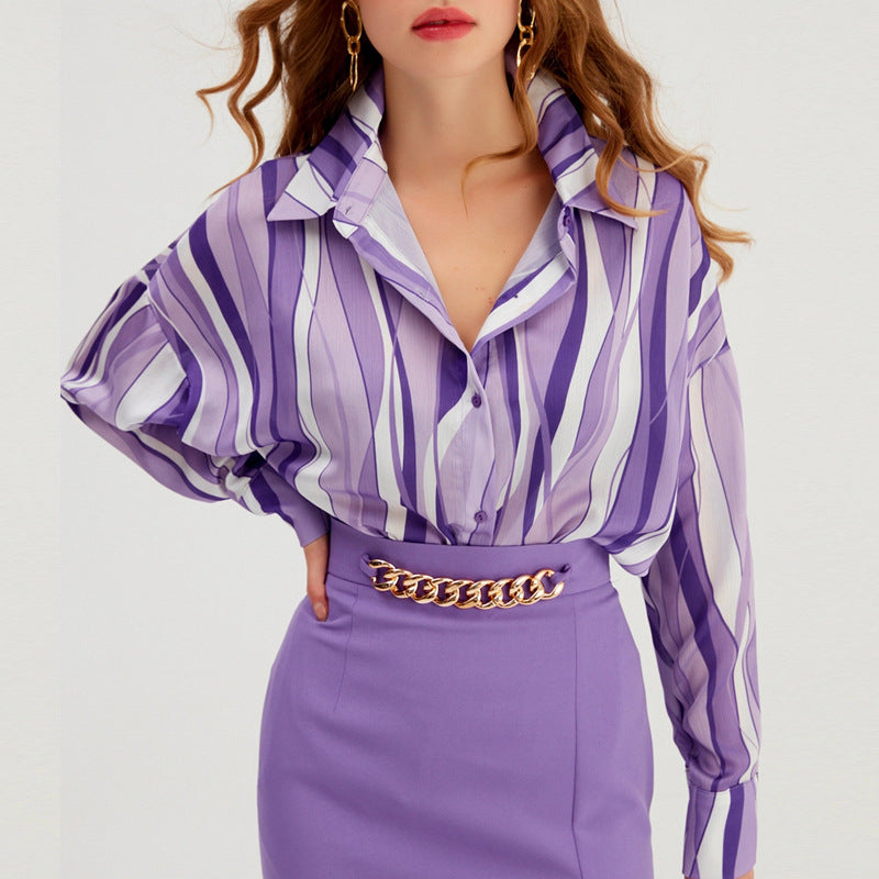 Digital Stripes Print Lapel Long Sleeve Loose Shirt Wholesale Womens Tops