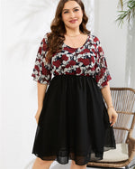 Wholesale Women'S Plus Size Clothing Chiffon Rose Print Contrast Color Crew Neck Dress