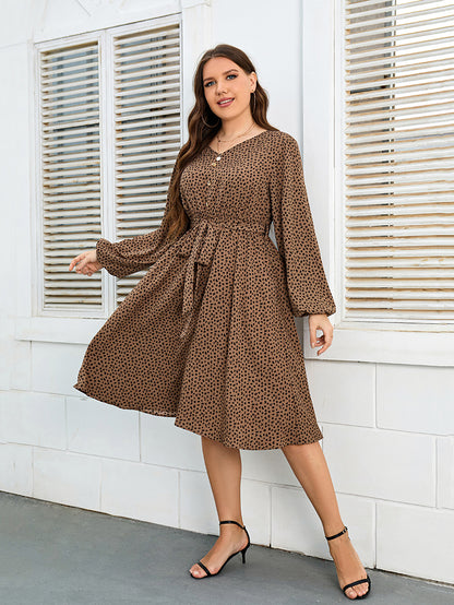 Long Sleeve Print Lace-Up Swing Curvy Dresses Wholesale Plus Size Clothing