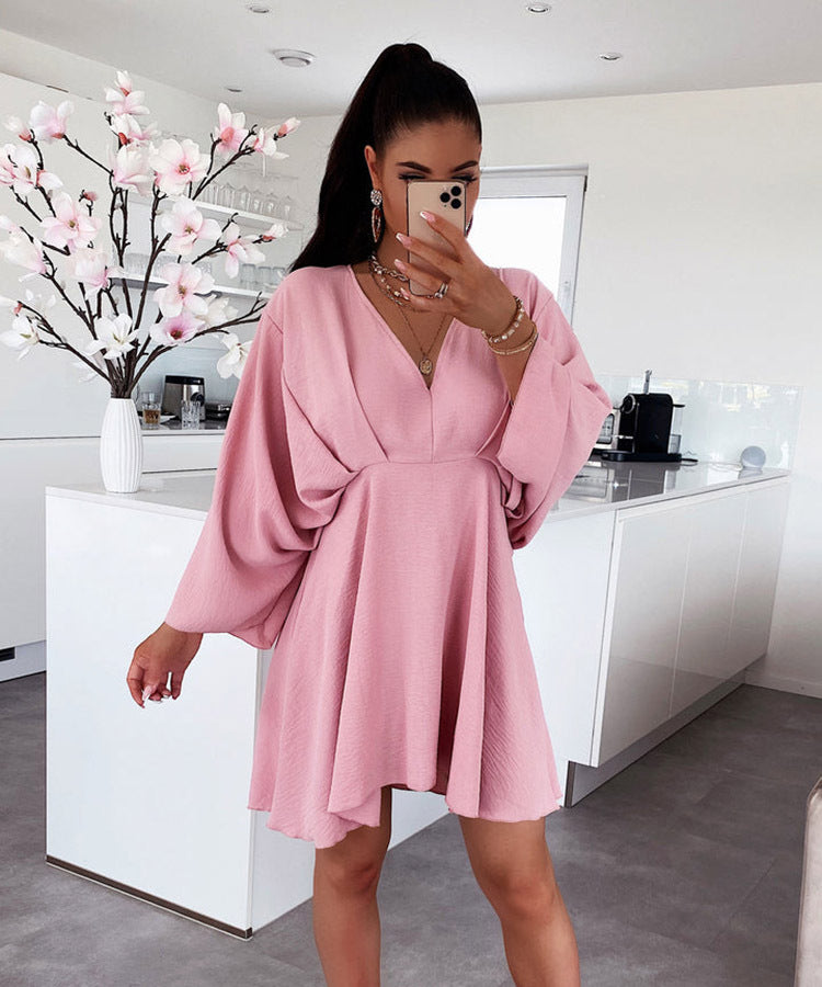 Dolman Sleeve Solid Color V Neck Casual Loose Dress Wholesale Dresses