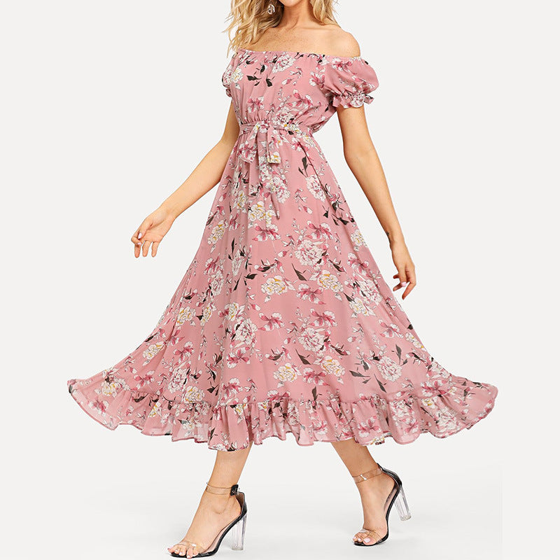 Casual One-Shoulder Floral Print Bubble Sleeve Chiffon Dress With Large Hem Wholesale Dresses