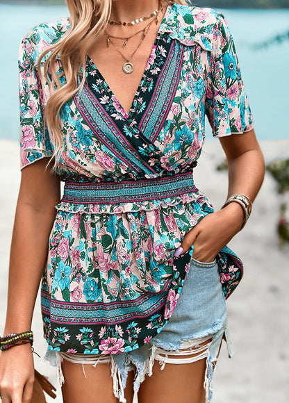 Bohemian Retro Print V-Neck Short-Sleeved All-Match Top Wholesale Women'S Tops