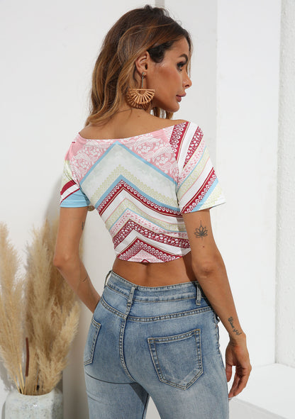 Drawstring Short Deep-V Sexy Printed T-Shirt Crop Top Wholesale Womens Tops