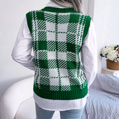 Fashion Casual Contrast Check V-Neck Sweater Vest Wholesale Women Clothing