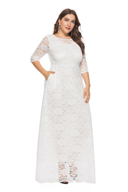 Sexy Hollow Lace Maxi Dress With Pockets Solid Color Long Sleeve Wholesale Plus Size Clothing