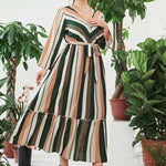 Casual V Neck Printed Midi Dress Long Sleeve Lace-Up Wholesale Plus Size Clothing