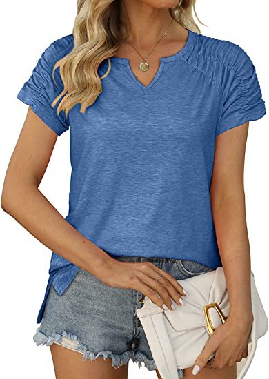 Fashion Solid Color V-Neck Short-Sleeved Split T-Shirt Wholesale Womens Tops