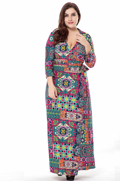 Sexy V Neck Wrap Print Maxi Dress 3/4 Sleeve Lace-Up Dresses Wholesale Plus Size Clothing