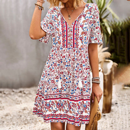 Bohemian Bell Sleeve Print Simple Fringe Dress Wholesale Dresses