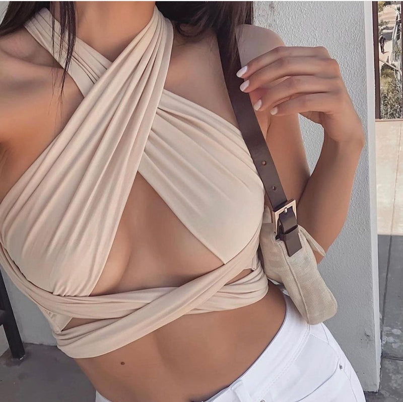 Women's Sexy Breast Wrap Strap Crop Top Solid Color One Piece Variable Style